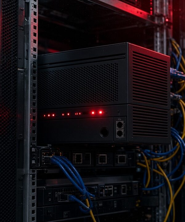 Network gateway appliance with red alert lights in a data center, illustrating NetScaler vulnerabilities
