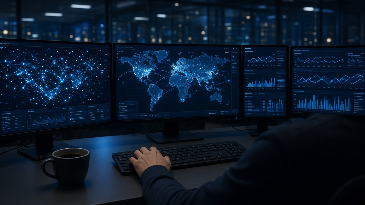 IT engineer monitoring network maps in a security operations center