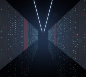 Data centre aisle with server racks and alert lights, representing a FortiMail zero-day at the email edge
