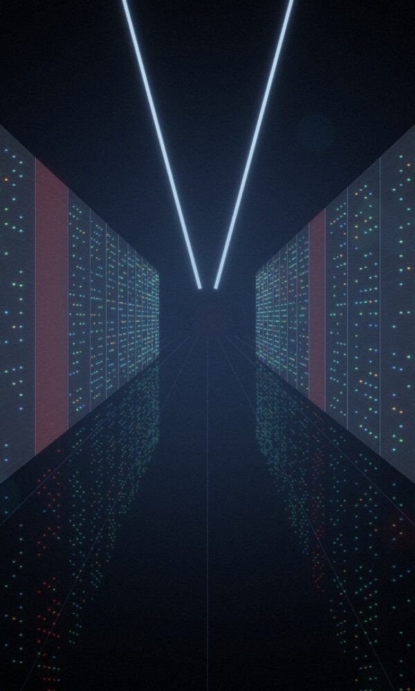 Data centre aisle with server racks and alert lights, representing a FortiMail zero-day at the email edge