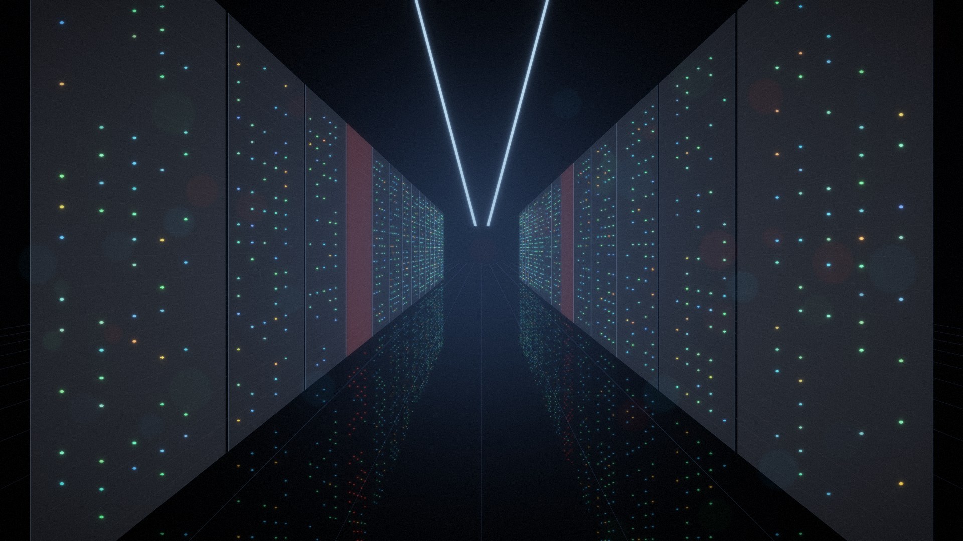 Data centre aisle with server racks and alert lights, representing a FortiMail zero-day at the email edge