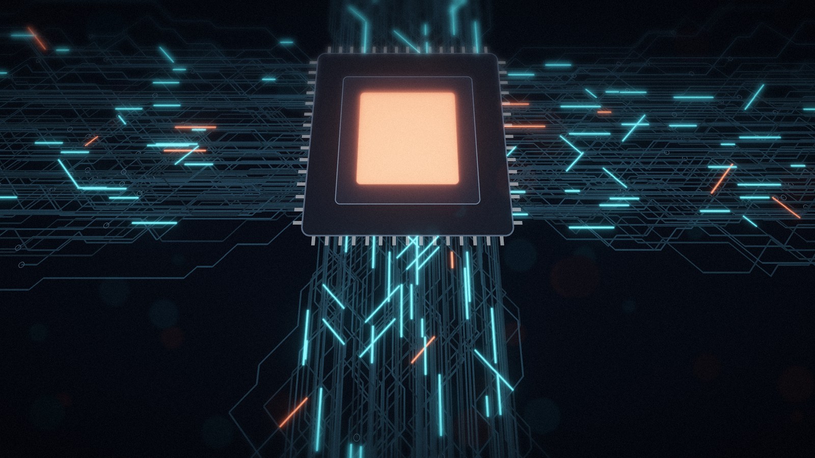 Glowing circuit paths converging on a chip core, illustrating the FortiMail zero-day path-traversal flaw