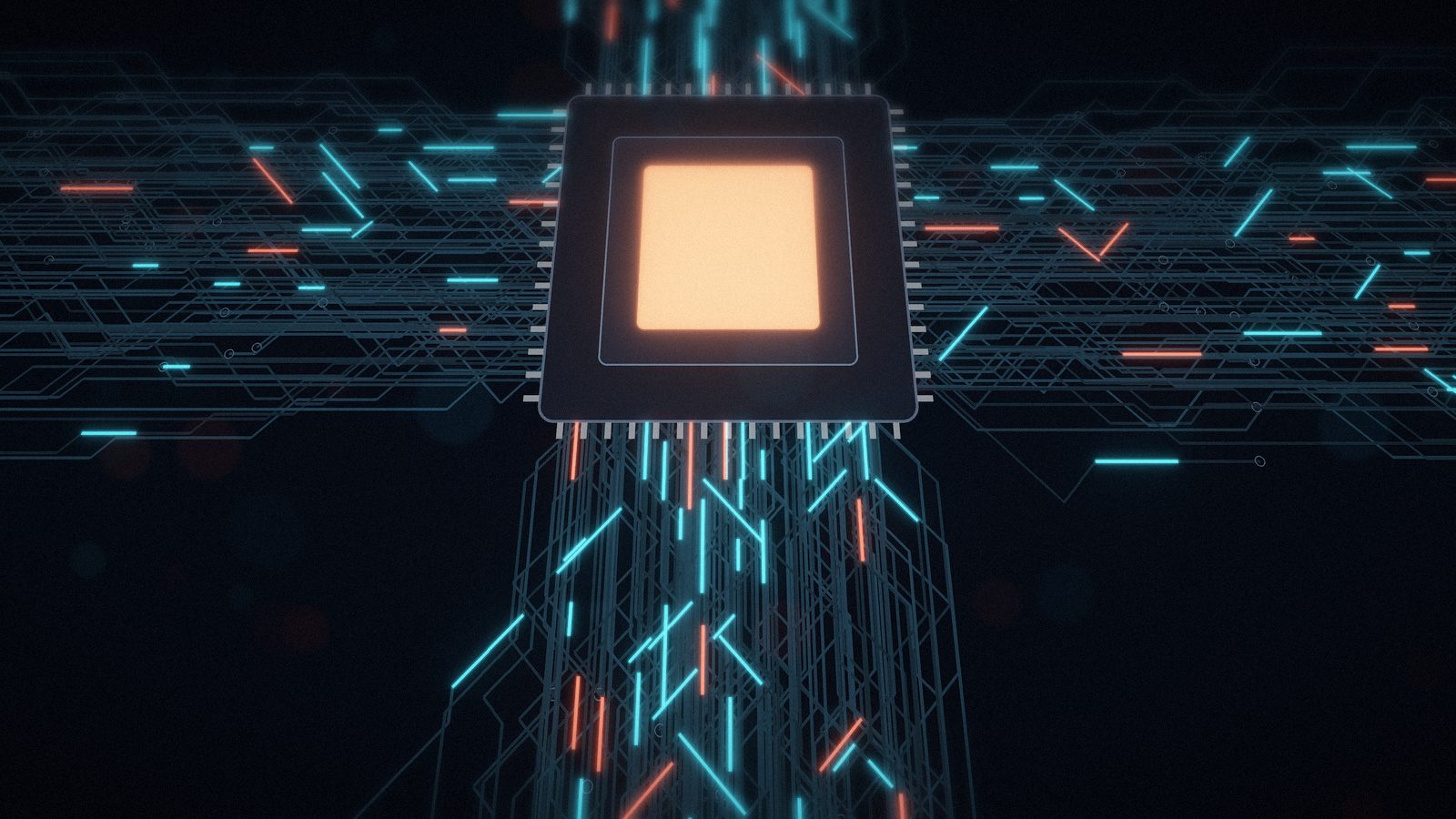 Glowing circuit paths converging on a chip core, illustrating the SonicWall SMA1000 vulnerability SSRF path